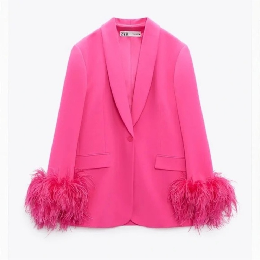 Zara Pink Feather Cuff Blazer